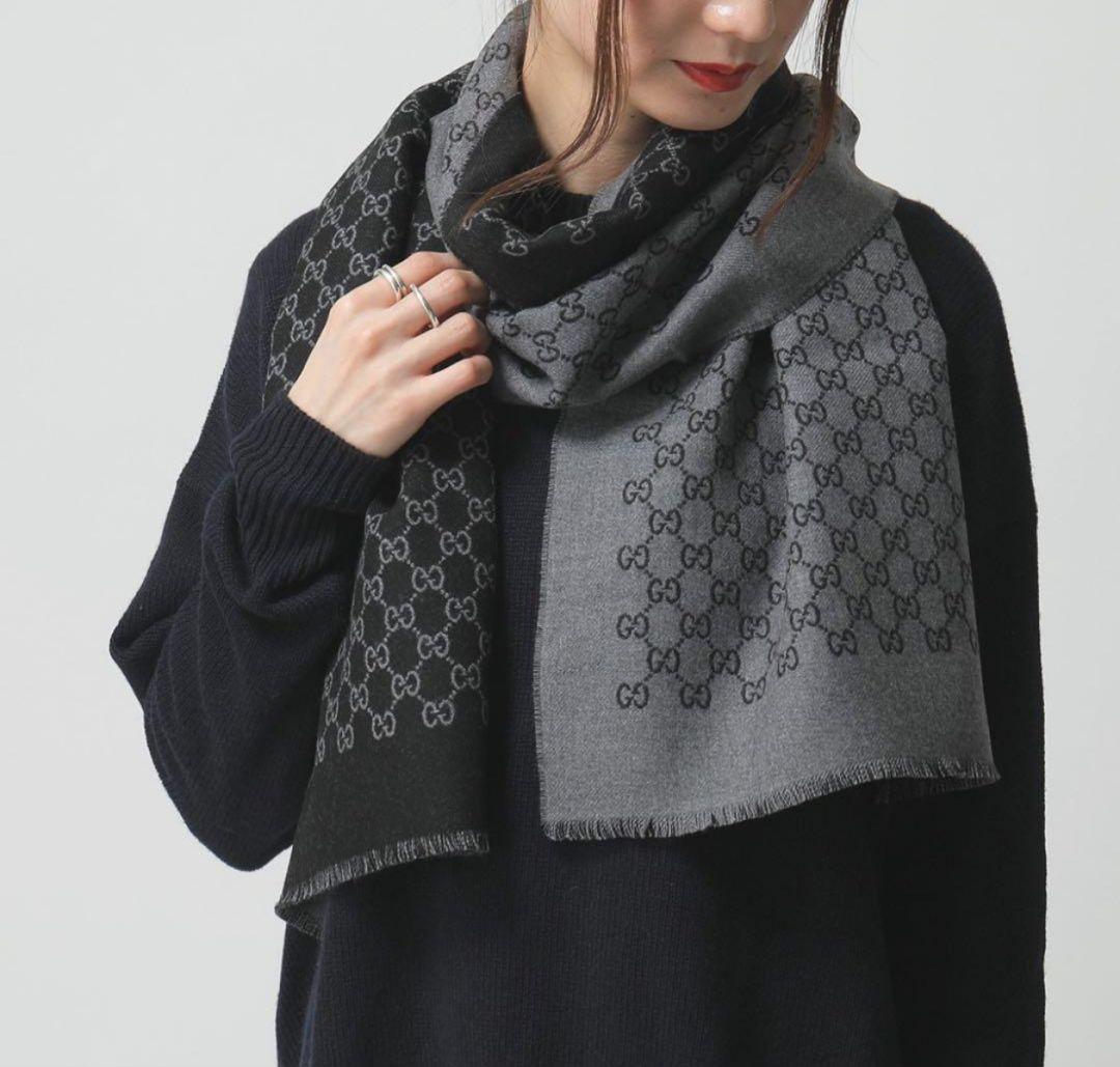 ❤新品箱袋付❤GUCCI マフラー ストール ショール スカーフ❤黒&グレー❤