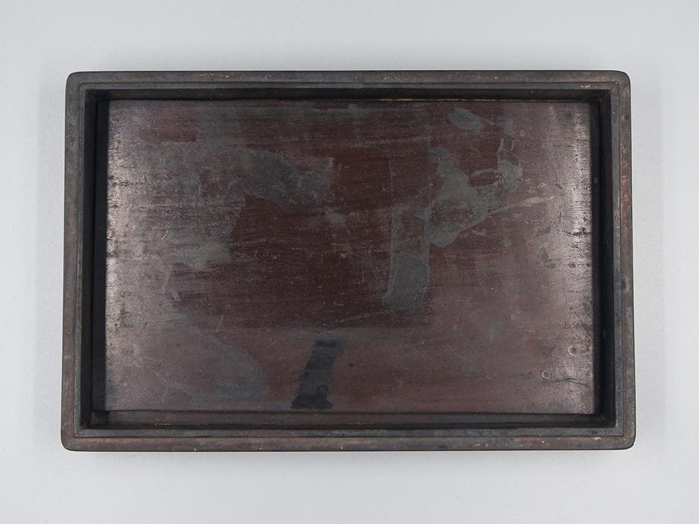 【木】　★ 竹木 黄花梨木四方硯盒 ★　清朝期　鬼顔 麦穂 木目模様　文房珍玩