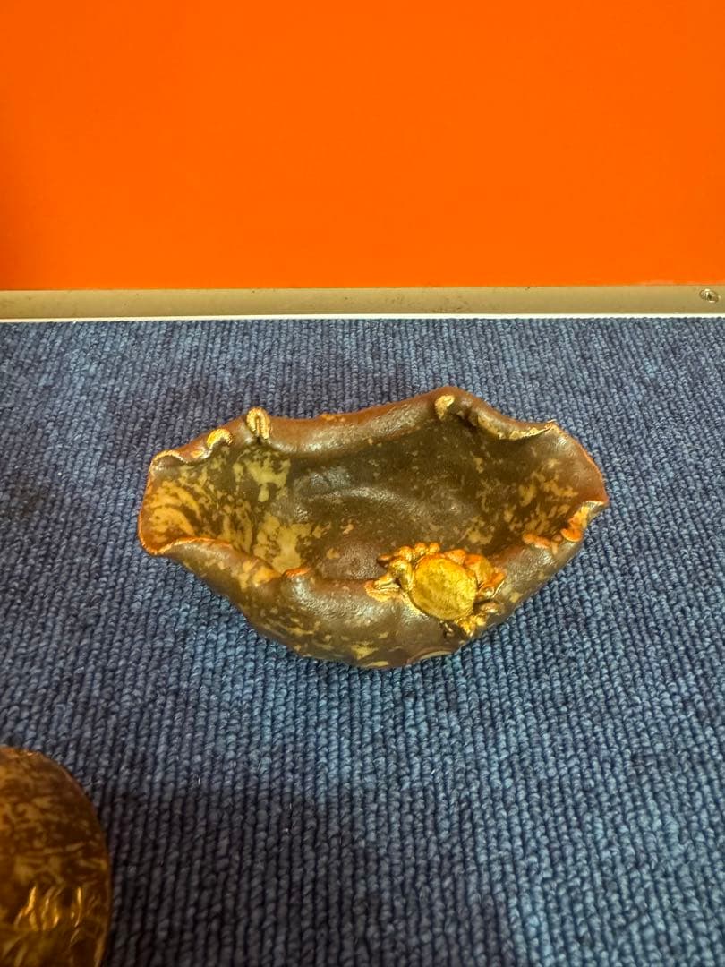 1684備前焼？　蓮に蟹細工　茶器セット　湯呑1客　湯冷し1客　湯呑5客　茶櫃付