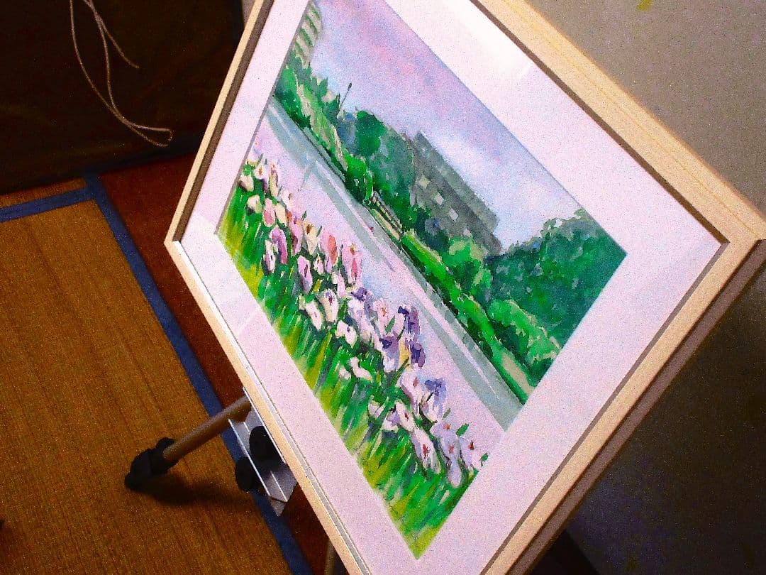 水彩画 池と花 木製フレーム付き