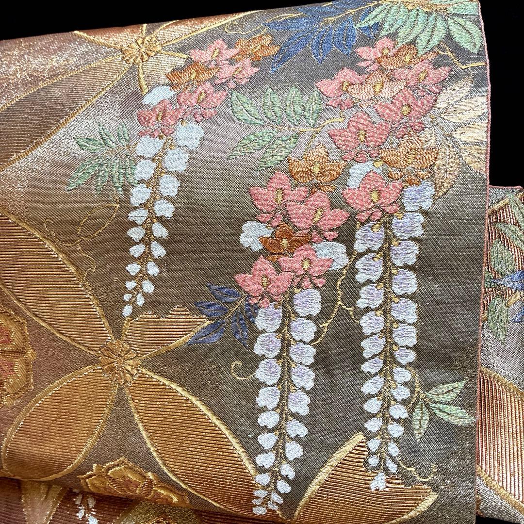 美品 藤の花 金 七宝紋様 正絹 袋帯 二重太鼓 作り帯