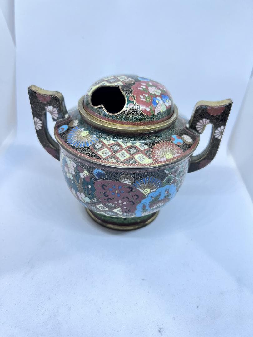 七宝香炉　蓋付き　明治期　合せ箱　花草紋　菊　梅 W12×D10×H9㎝