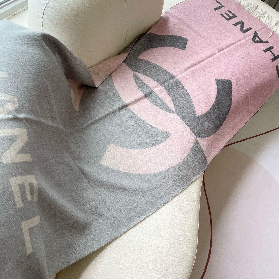 CHANEL　マフラー　ピンク×グレー　大判ロゴ