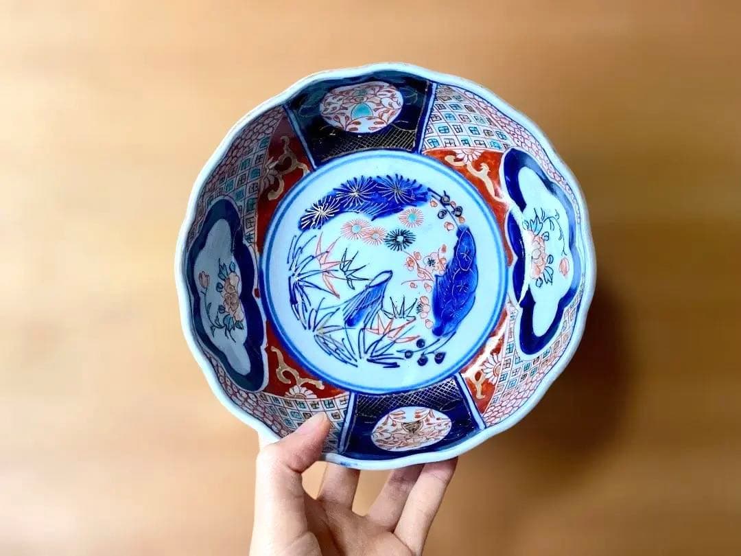 能登蔵出し 時代 伊万里 色絵金彩 銘有 花窓絵図 大膾皿 直径17.5cm