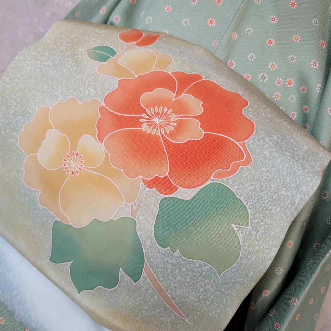 小紋　フルセット　着物　正絹　緑　可愛い　花　C1