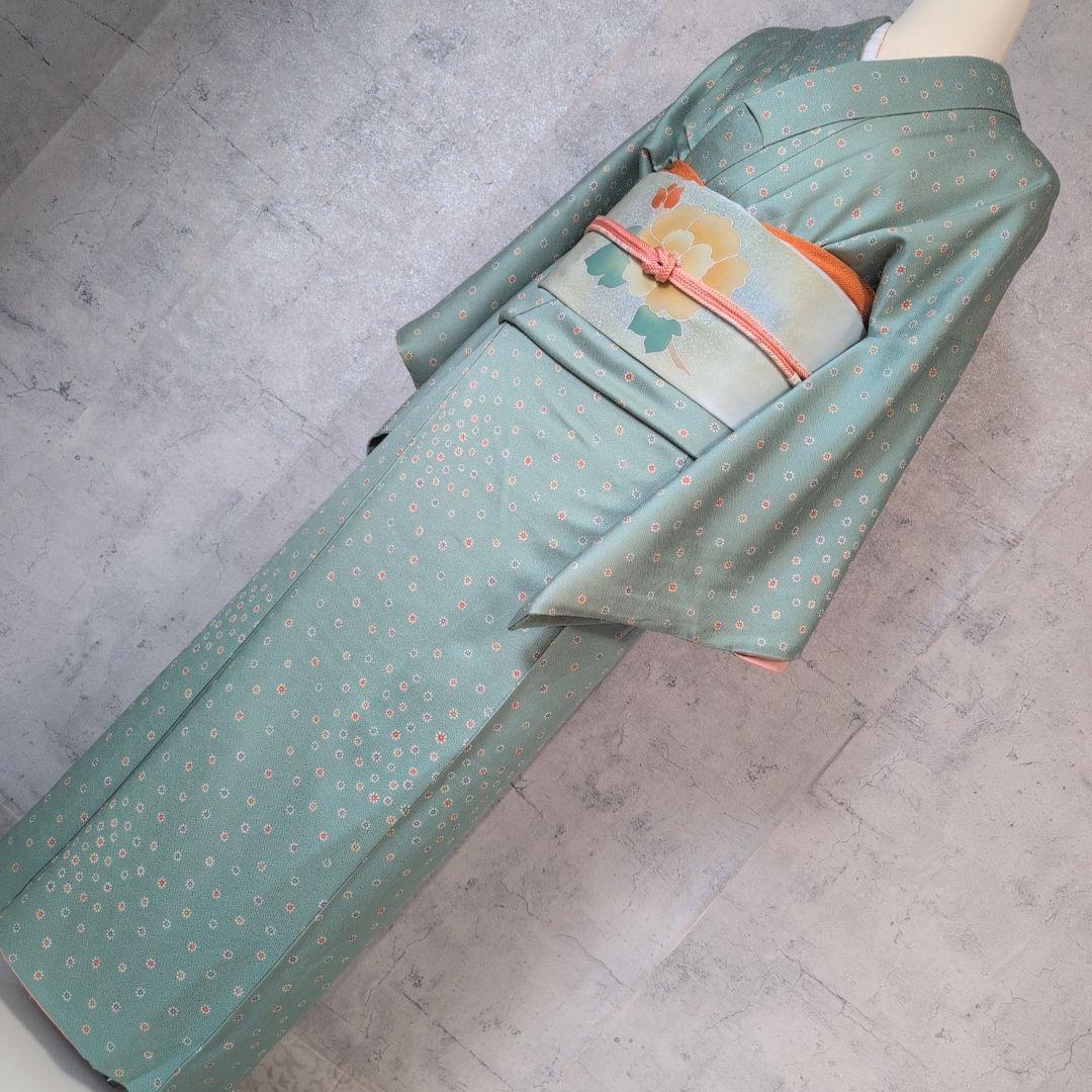 小紋　フルセット　着物　正絹　緑　可愛い　花　C1