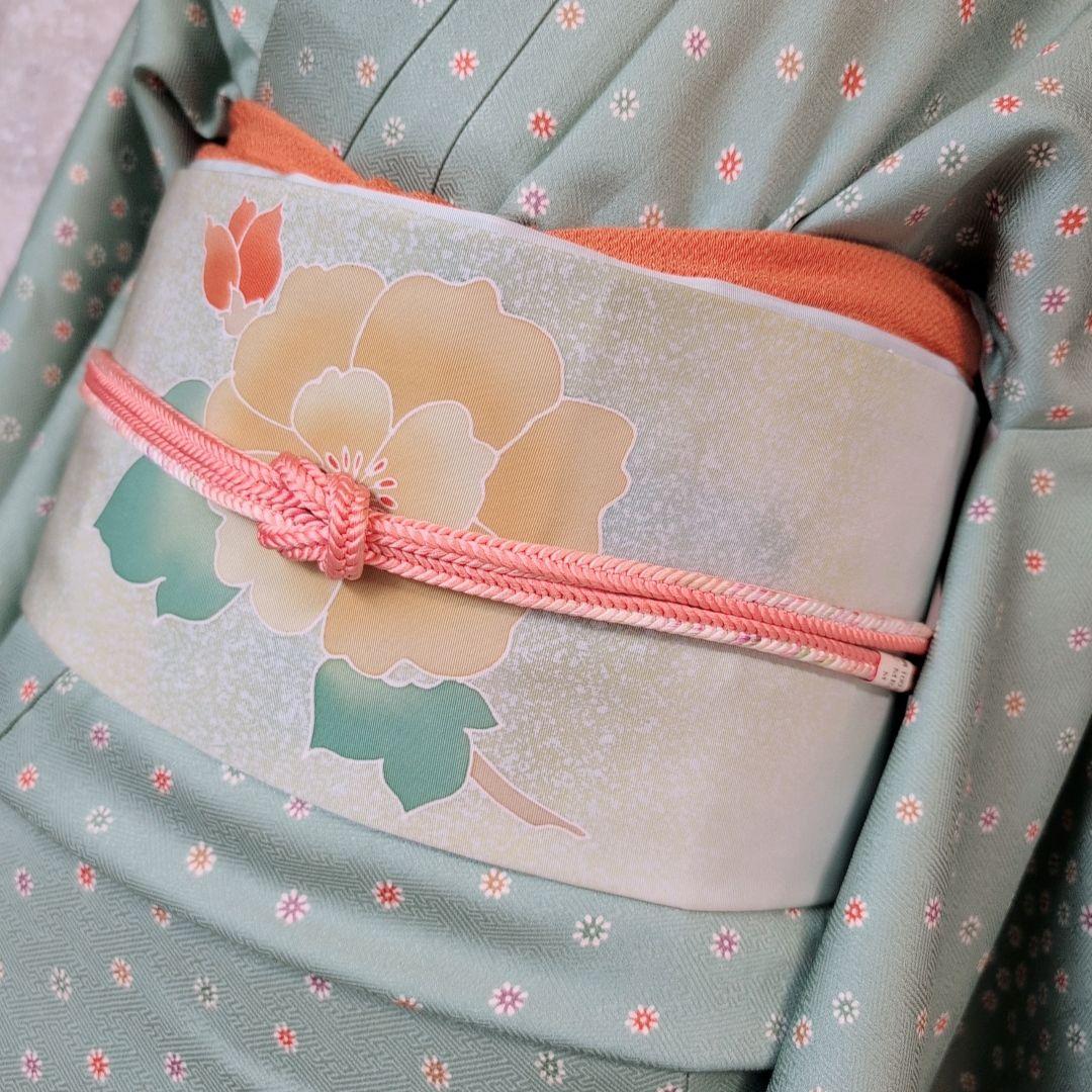 小紋　フルセット　着物　正絹　緑　可愛い　花　C1
