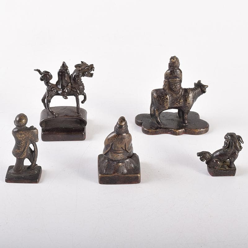 中国　古銅宣徳銅　篆刻　人物摘　獅子摘など　印材　5点まとめて　G　R7651