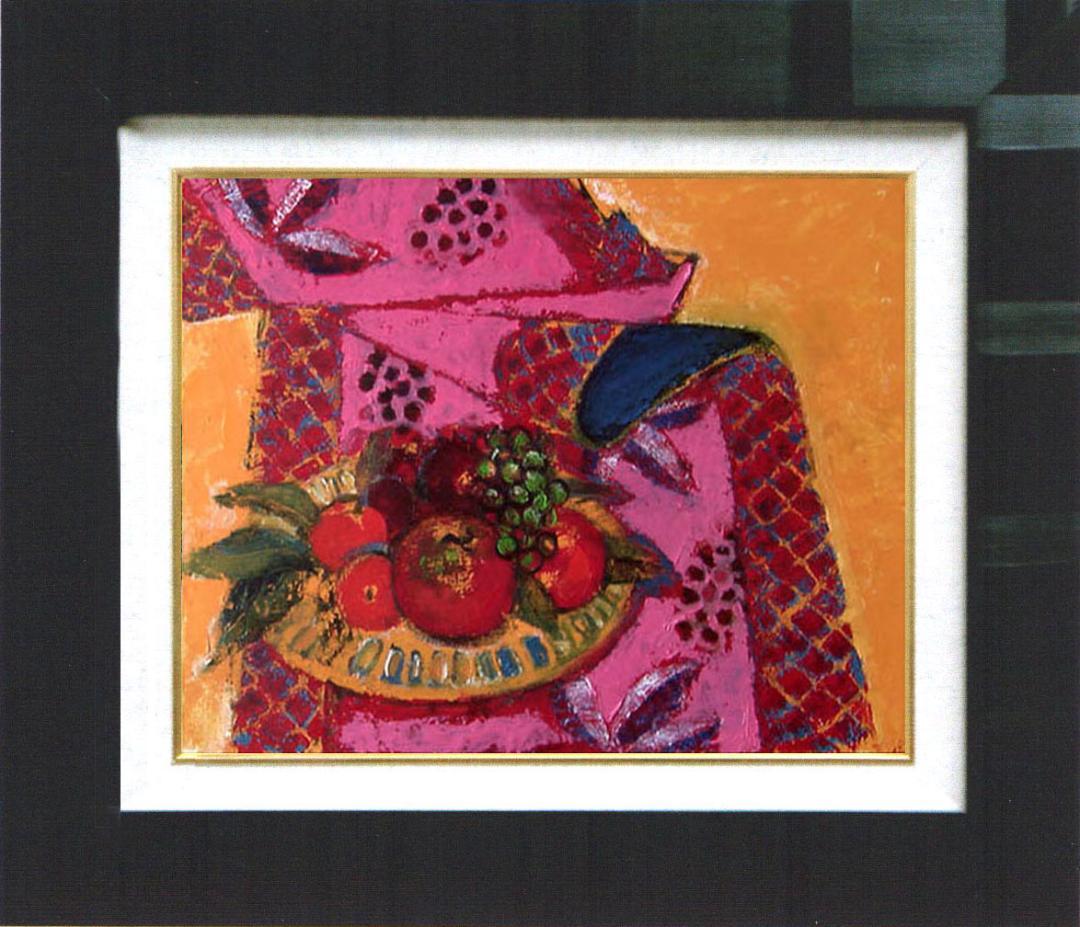 油絵 菅家令子 絵画インテリア 額付(青緑＋金色の枠)uF6-113902 果物