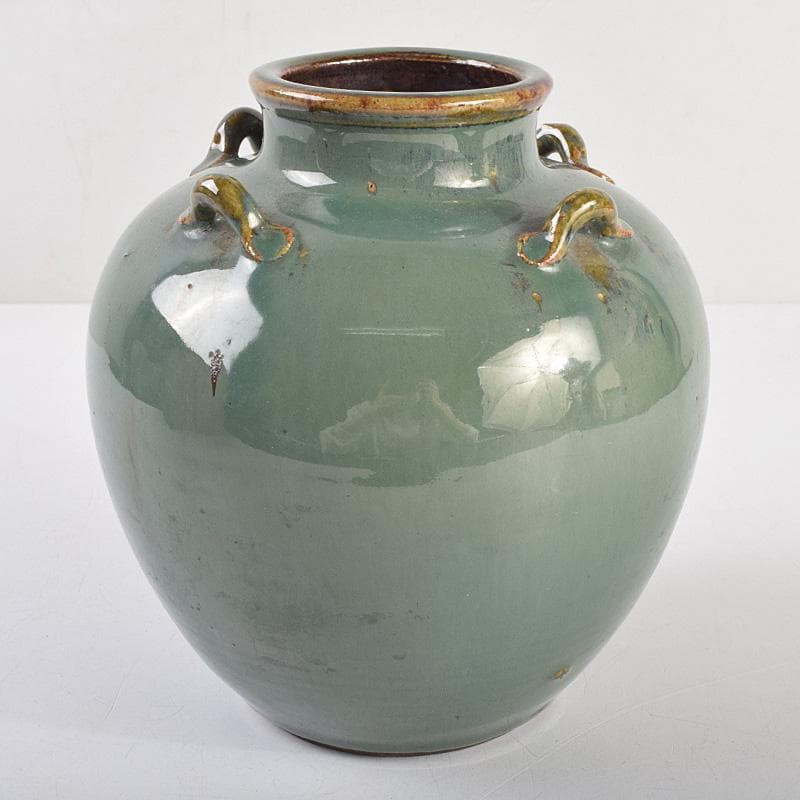 富山県　小杉焼　青磁　四耳壷形　花生　時代箱付　V　R9318