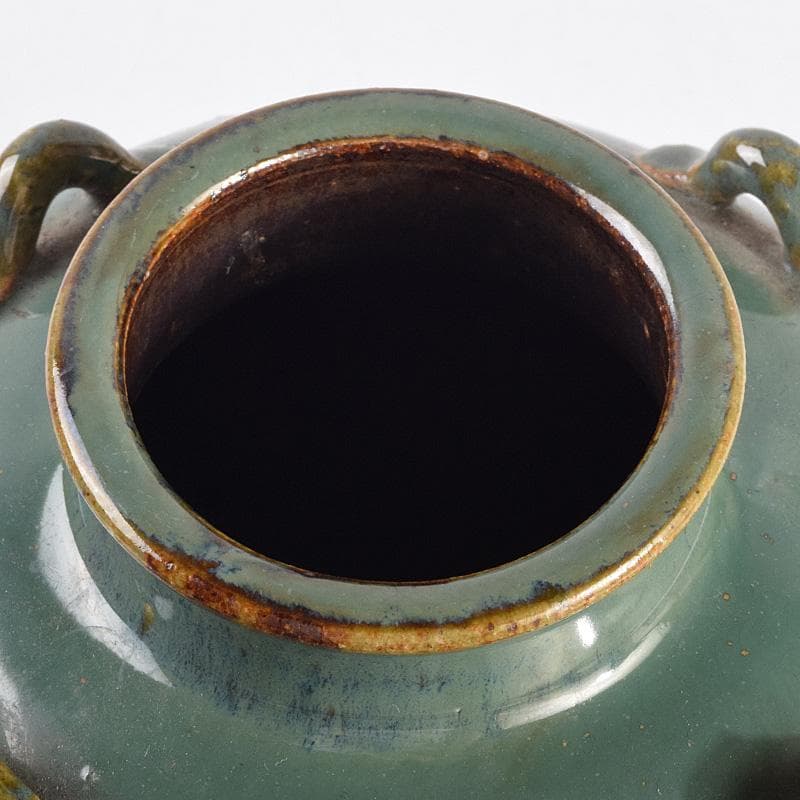 富山県　小杉焼　青磁　四耳壷形　花生　時代箱付　V　R9318