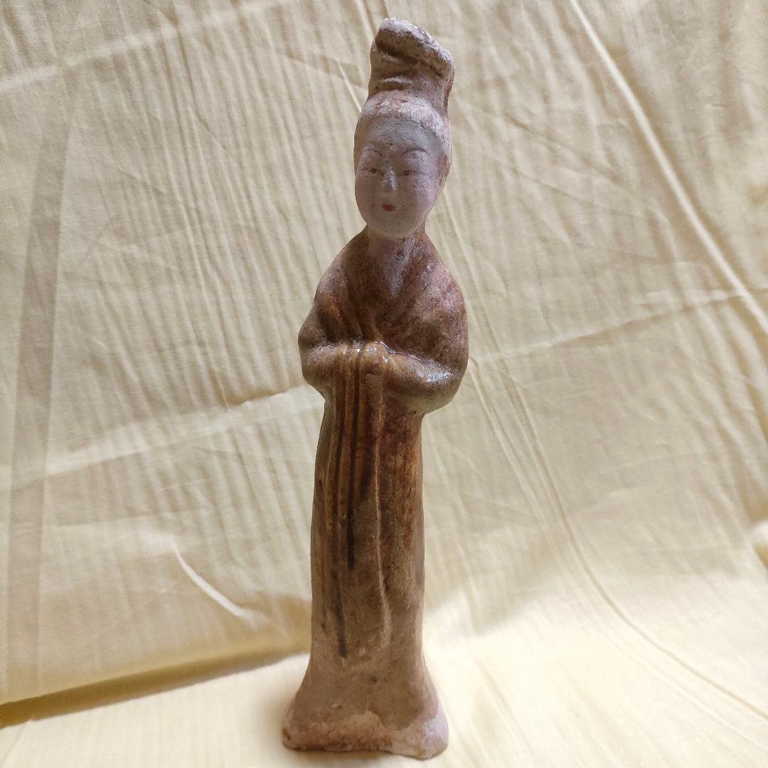 加彩人物俑　中国古陶　古玩　侍女　唐三彩