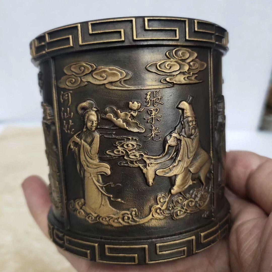 銅器 浮彫り八仙過海筆 書斎 書道具 文房具 装飾品 工芸品 美術品