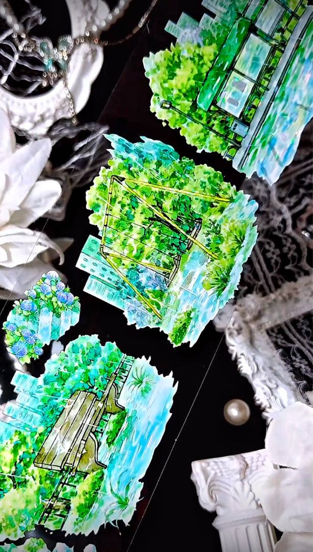 【8902】海外　マステ　3/5/巻　貝殻光マスキングテープ　雨景色　公園