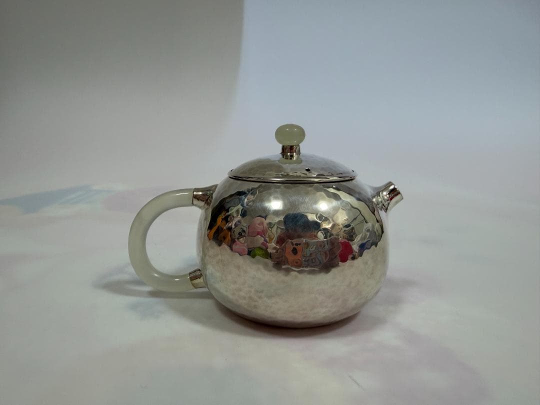 純銀製 丸形 鎚目 玉石摘 急須 銀瓶 煎茶道具