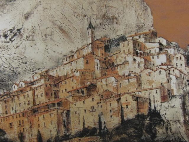 飯田史朗、【山峡の町】、希少な額装用画集より、新品額装付、状態良好