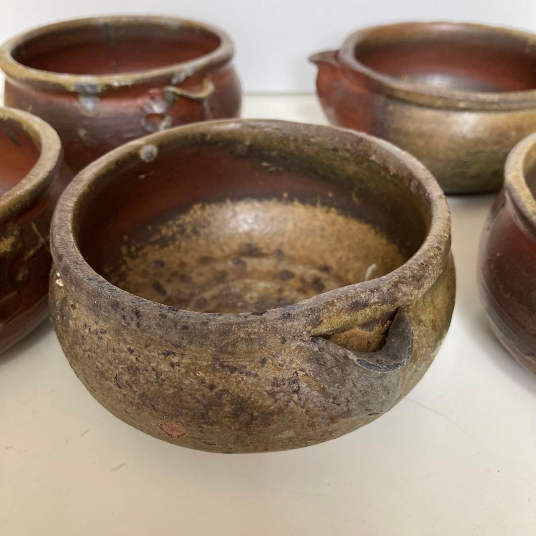 原田拾六　備前焼　向付　５客　共箱、陶歴、共布も５枚　抜群の上り