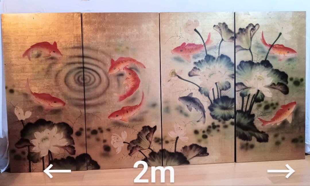 シノワズリ　壁飾り４枚　輸入家具　アジア雑貨　鯉蓮　アンティーク　漆塗り