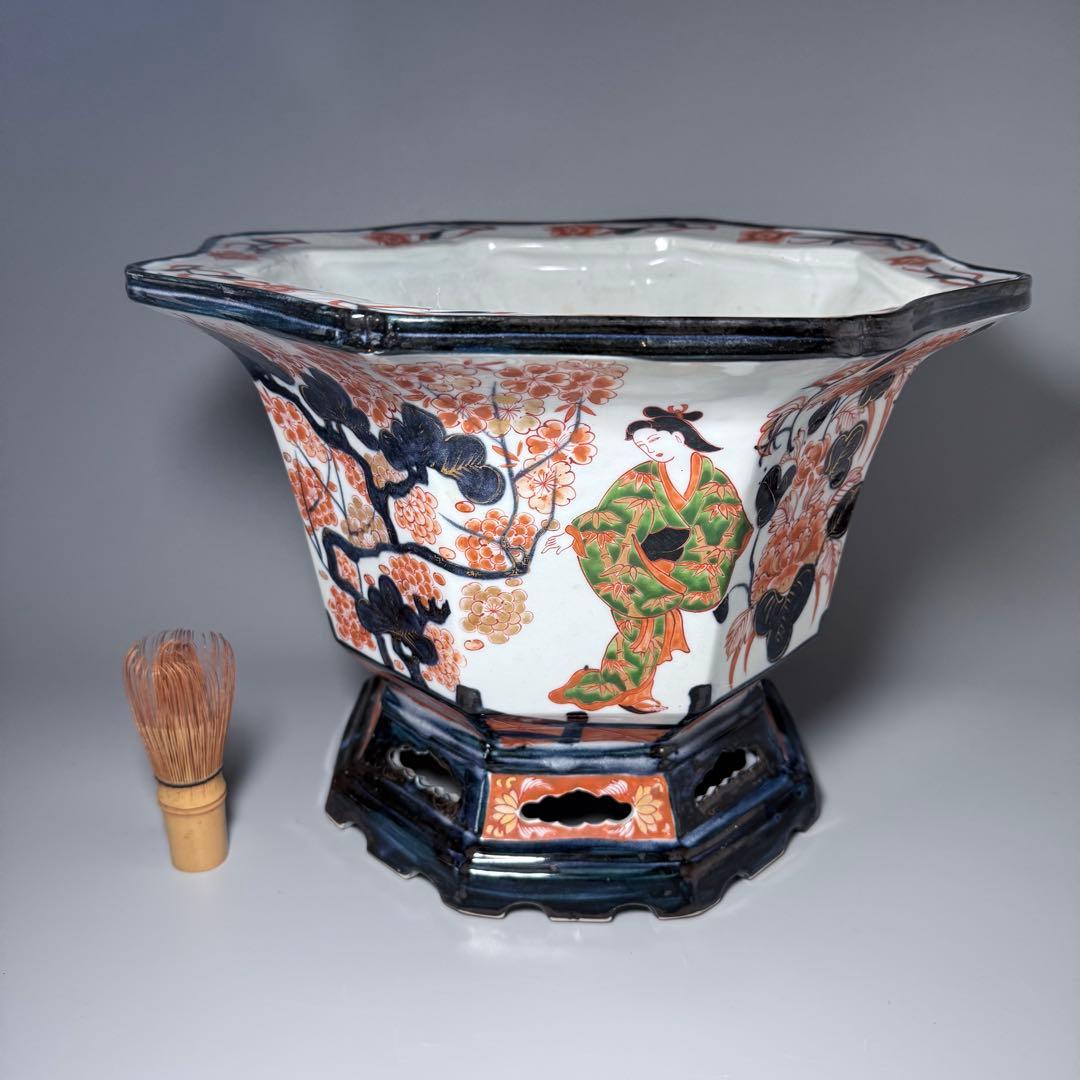 幕末〜明治期　染錦美人図大鉢　盆栽　植木鉢　高さ26cm　直径37.5cm