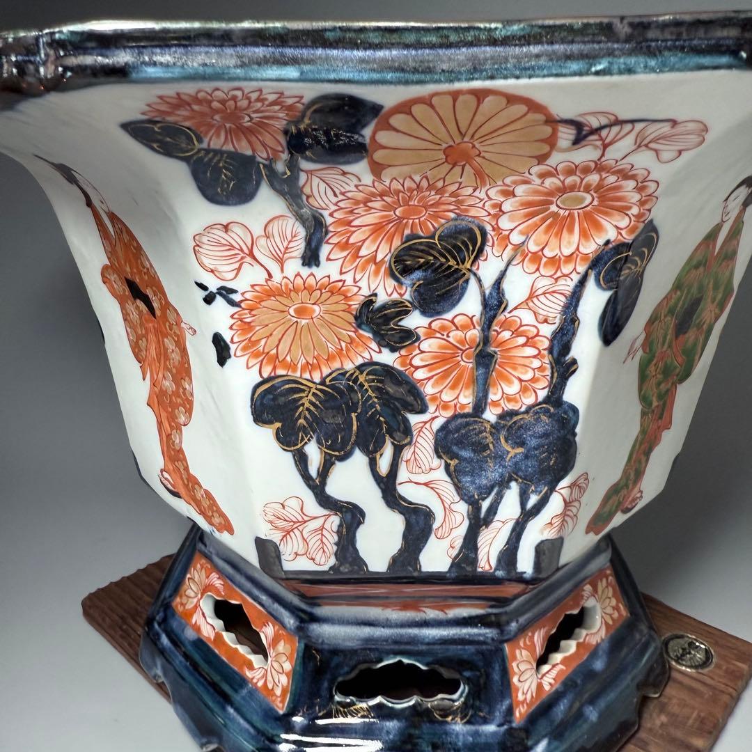 幕末〜明治期　染錦美人図大鉢　盆栽　植木鉢　高さ26cm　直径37.5cm