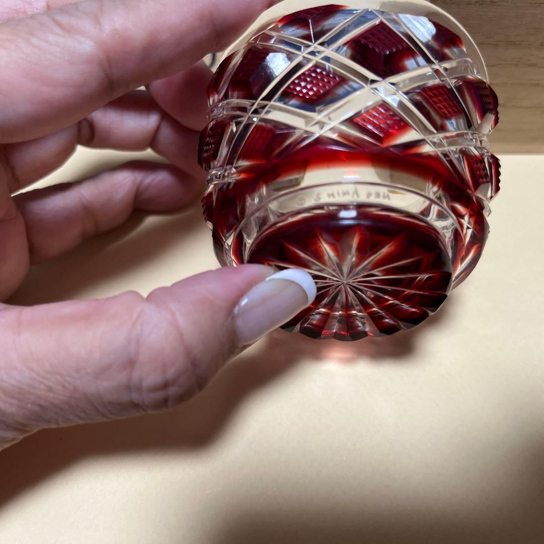 値下げ‼️【未使用】尚古集成館監修、薩摩切子猪口、刻印入り、人気の紅