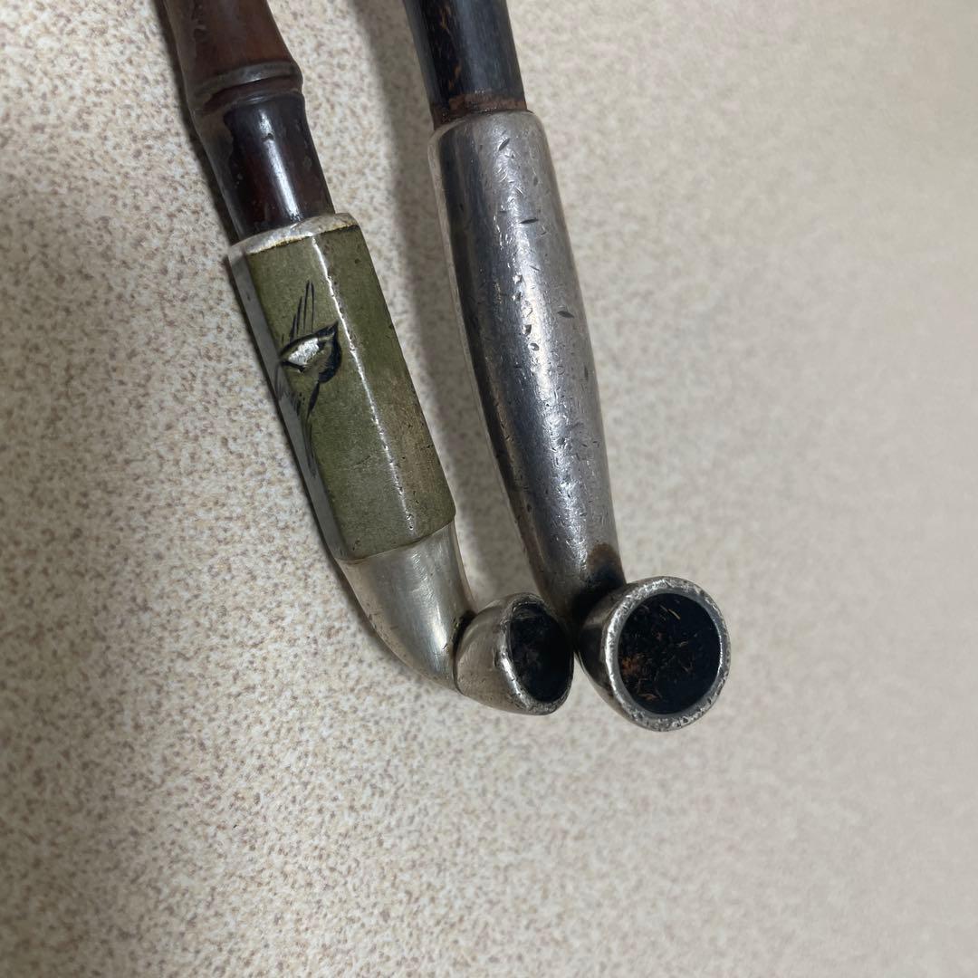 蔵出　江戸　明治金工　純銀　象嵌煙管　雀に菖蒲図　総重量69g