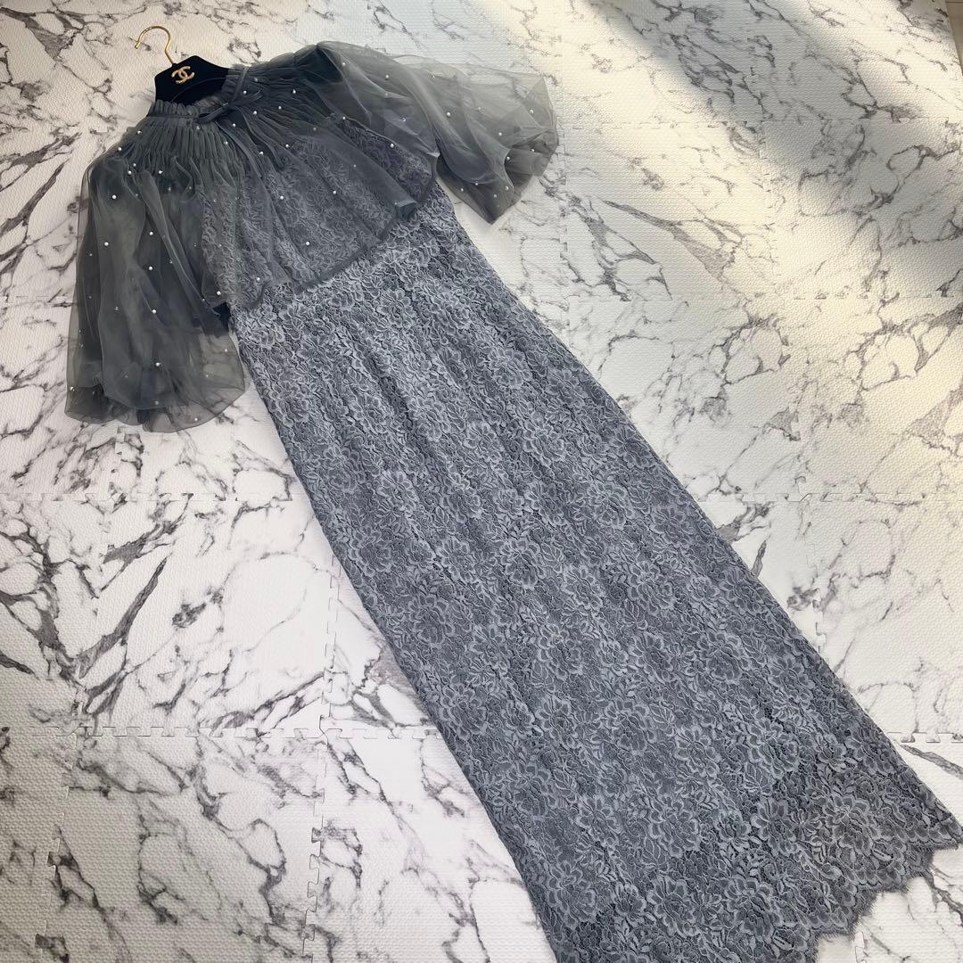 LEJA パール付きケープ風リボンパフスリーブボレロ刺繍レースキャミワンピ