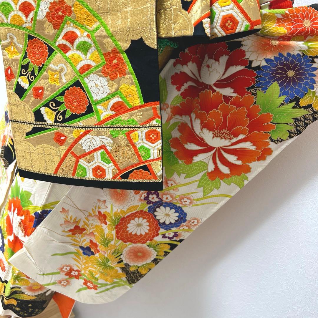 405 振袖フルセット 正絹 白 橙 黒 緑 金彩 駒刺繍 カラフル レトロ
