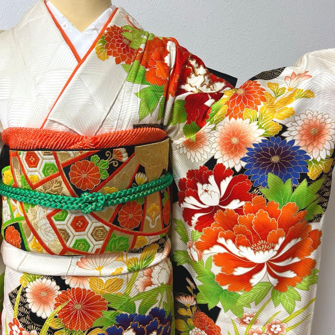 405 振袖フルセット 正絹 白 橙 黒 緑 金彩 駒刺繍 カラフル レトロ