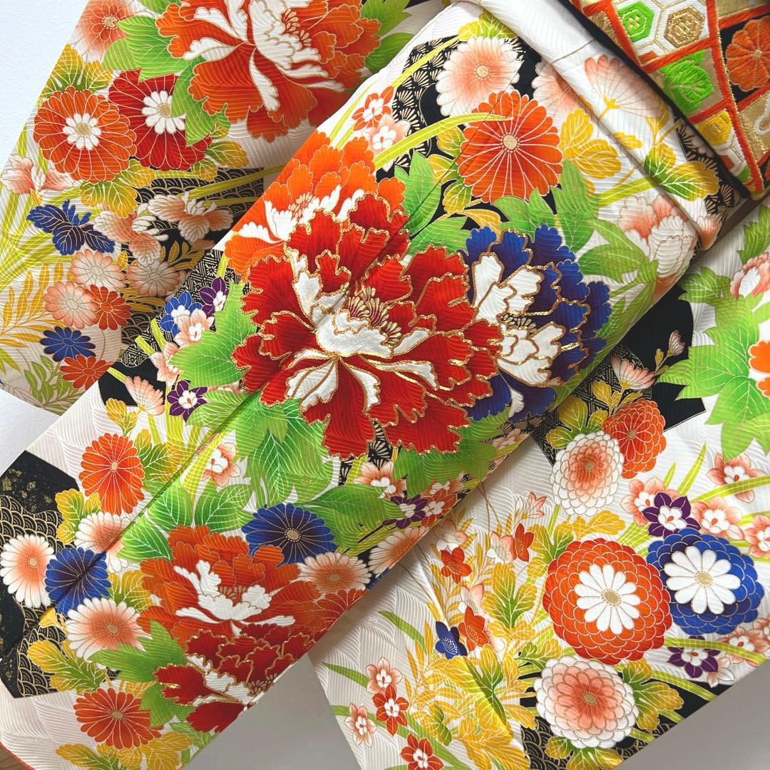 405 振袖フルセット 正絹 白 橙 黒 緑 金彩 駒刺繍 カラフル レトロ