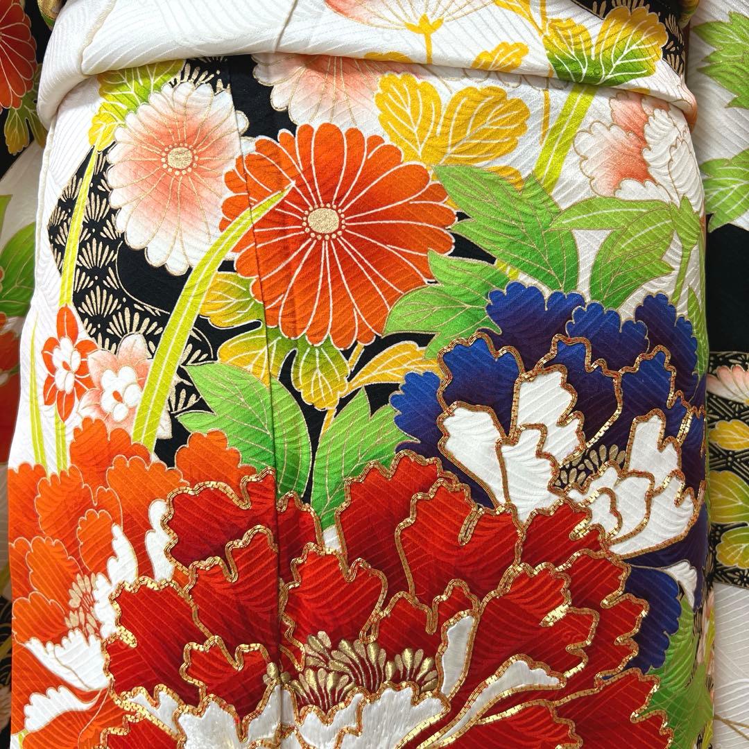 405 振袖フルセット 正絹 白 橙 黒 緑 金彩 駒刺繍 カラフル レトロ