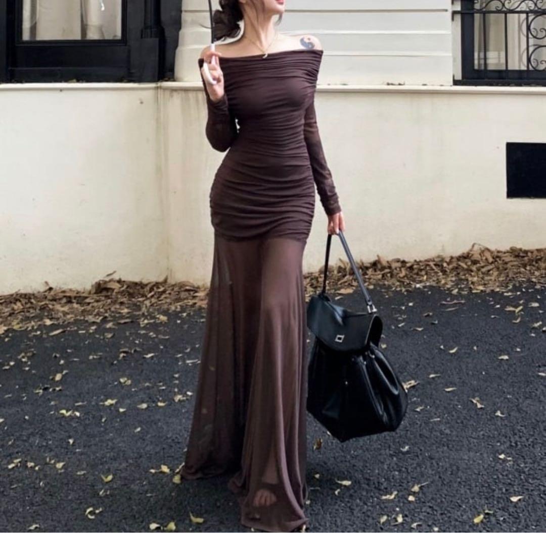 オフショルダーシアーロングワンピース 同窓会ドレス