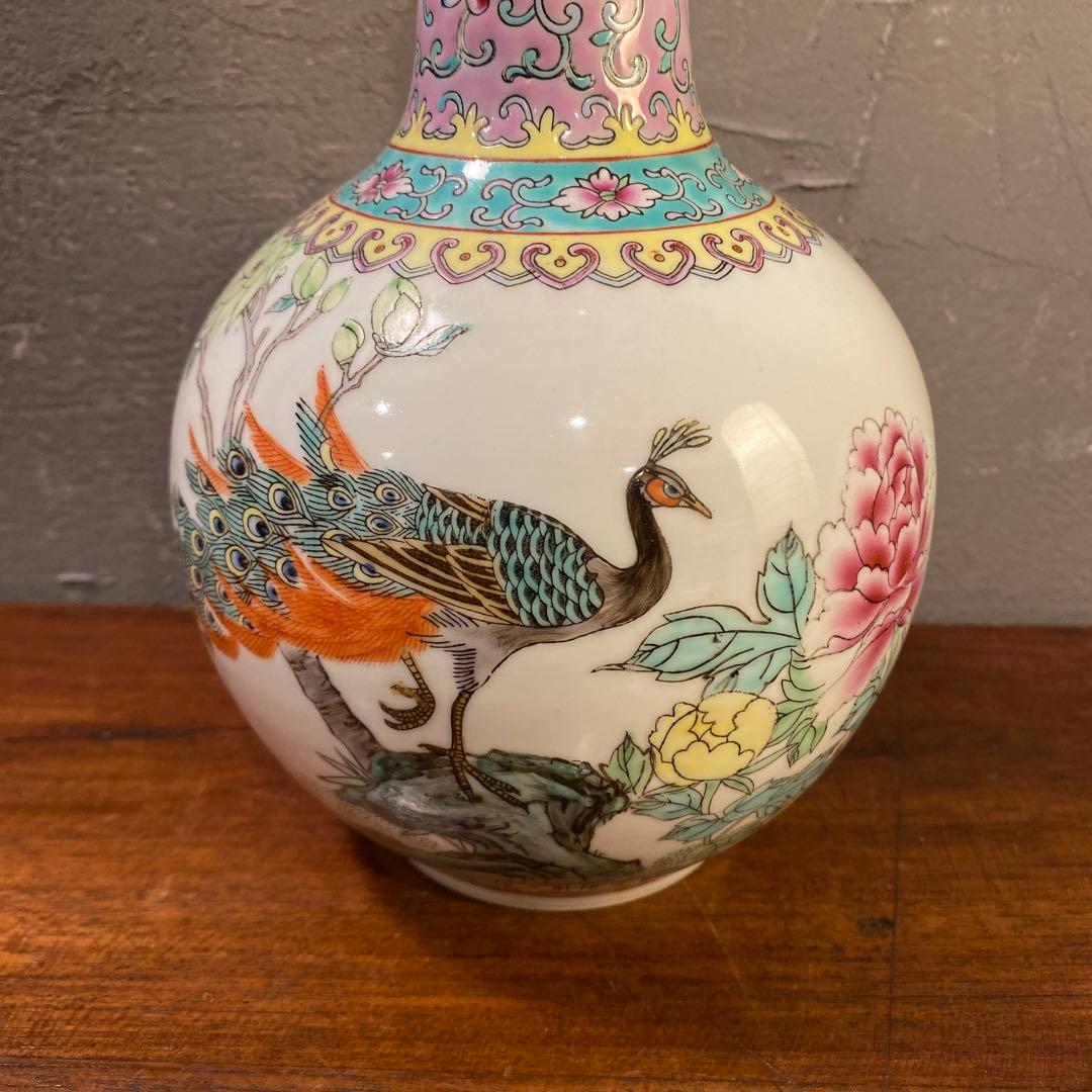 中国景徳鎮 孔雀 花柄 花器 フラワーベース 小壺 コレクション