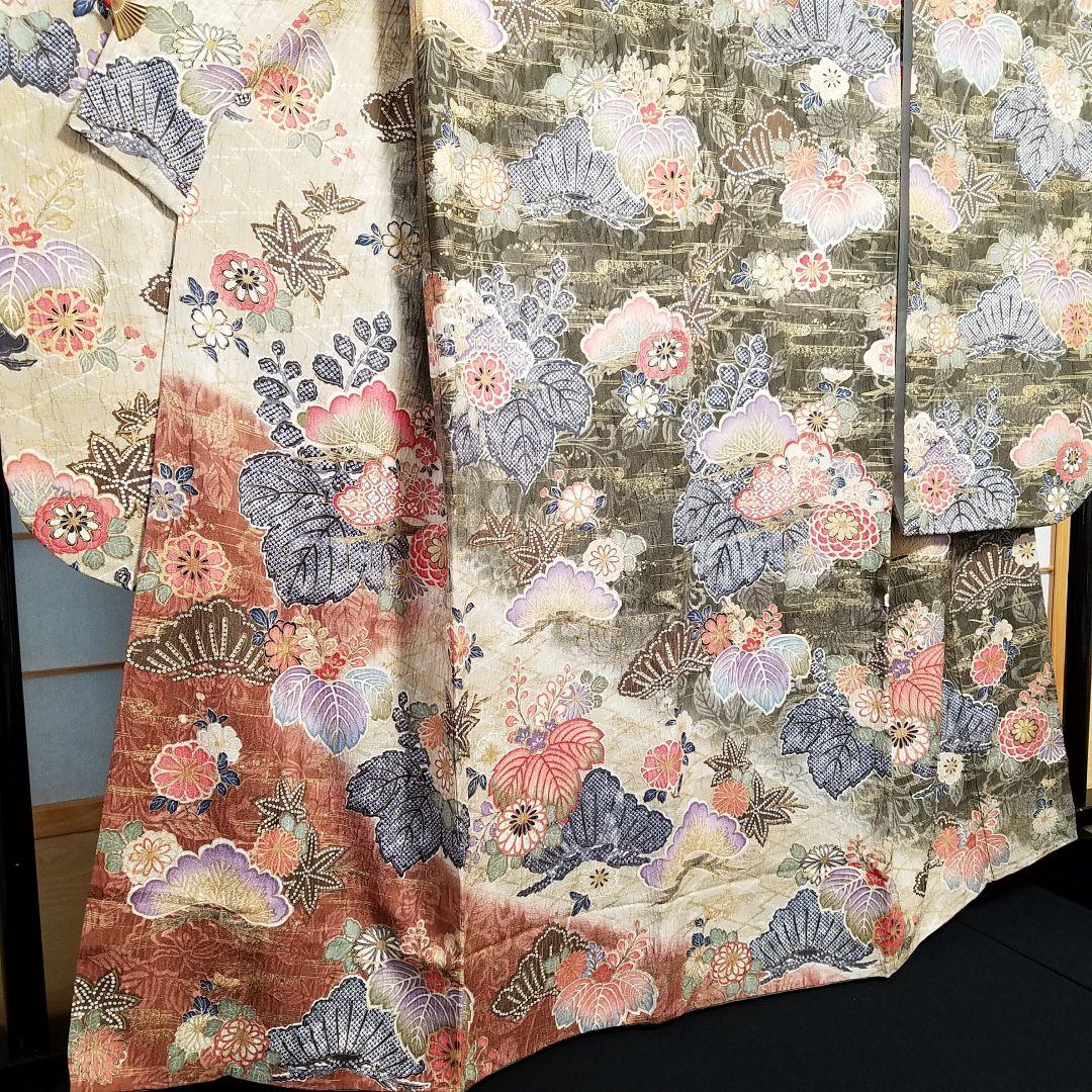 【予約済】M3670【着物と帯京月花】■五三桐に鹿の子花染分友禅正絹振袖袷広衿■