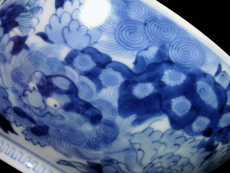 平戸　染付　唐獅子牡丹の図　蓋茶碗　E863AS-COz