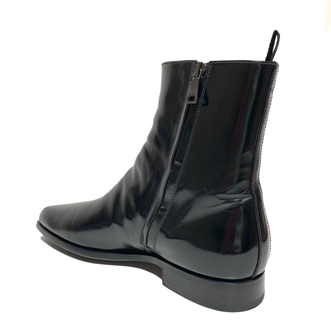 ☆良品 プラダ スクエアトゥ レザー サイドジップ ブーツ 黒 イタリア製 革靴