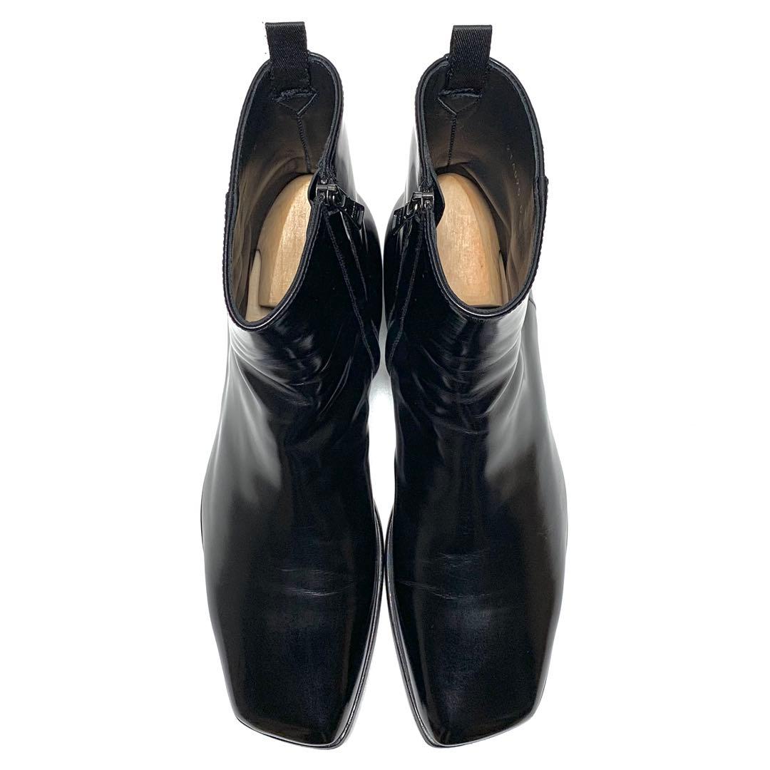 ☆良品 プラダ スクエアトゥ レザー サイドジップ ブーツ 黒 イタリア製 革靴