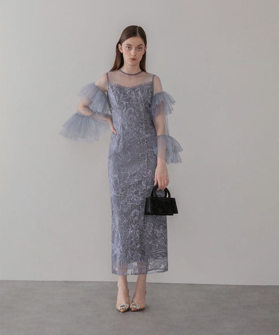 【himawari.】LEJA フリルチュールスリーブレースIラインワンピ