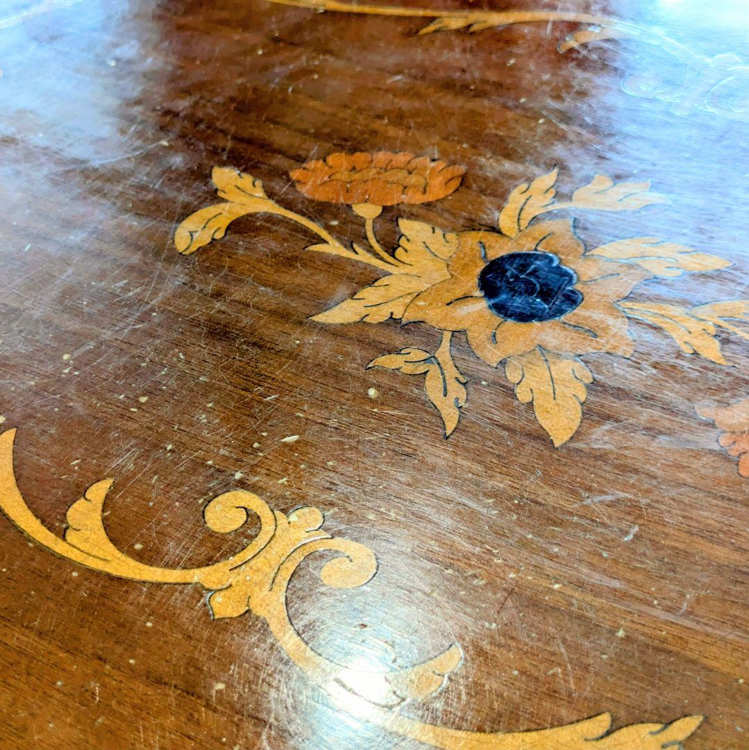 イタリア製 アンティーク調 ネストテーブル 大小セット 象嵌 花柄 猫脚