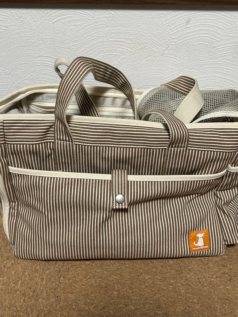 【値下げ】犬猫 ストライプ キャリーバッグ 布製 メッシュ窓付き