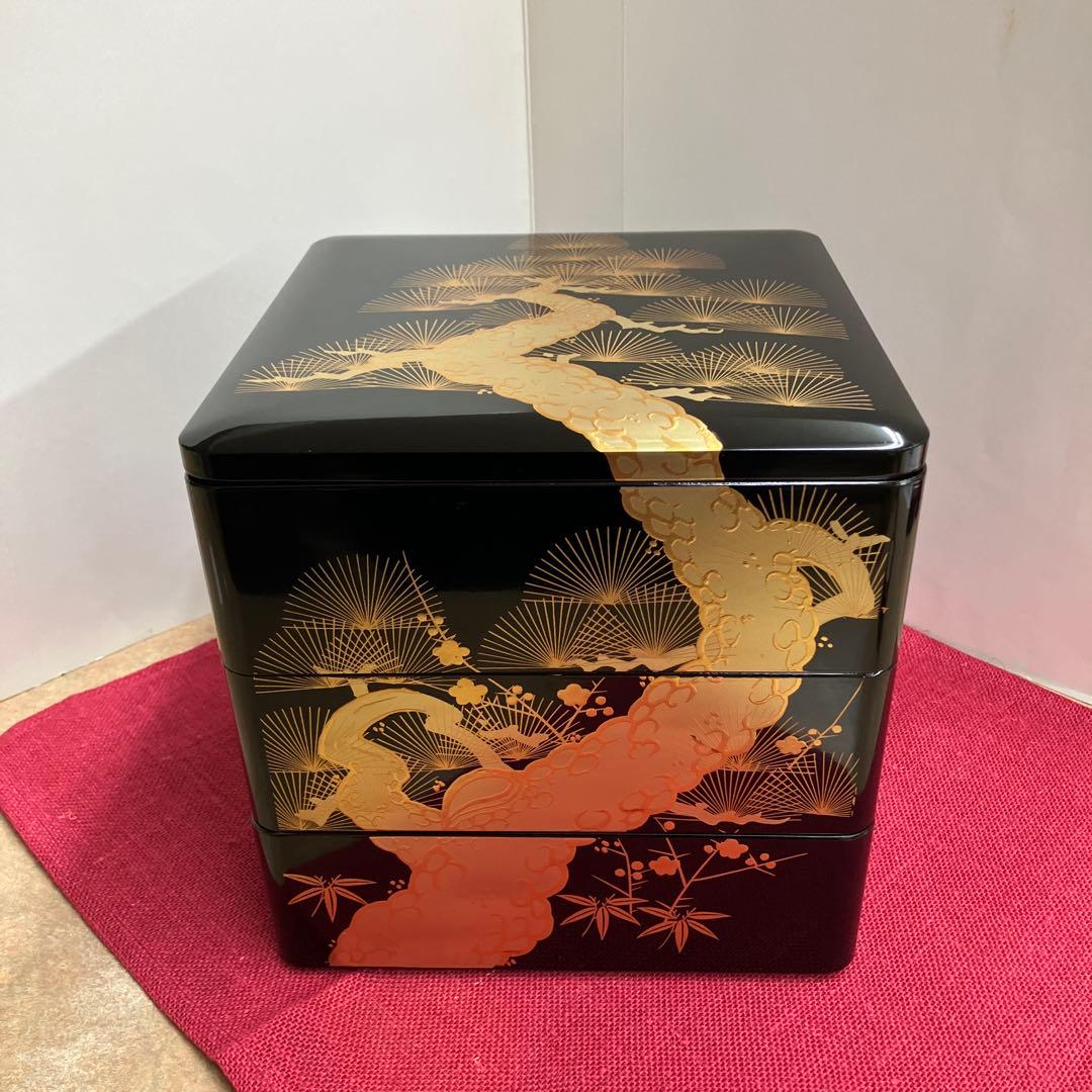会津塗黒金老松松竹梅3段重箱