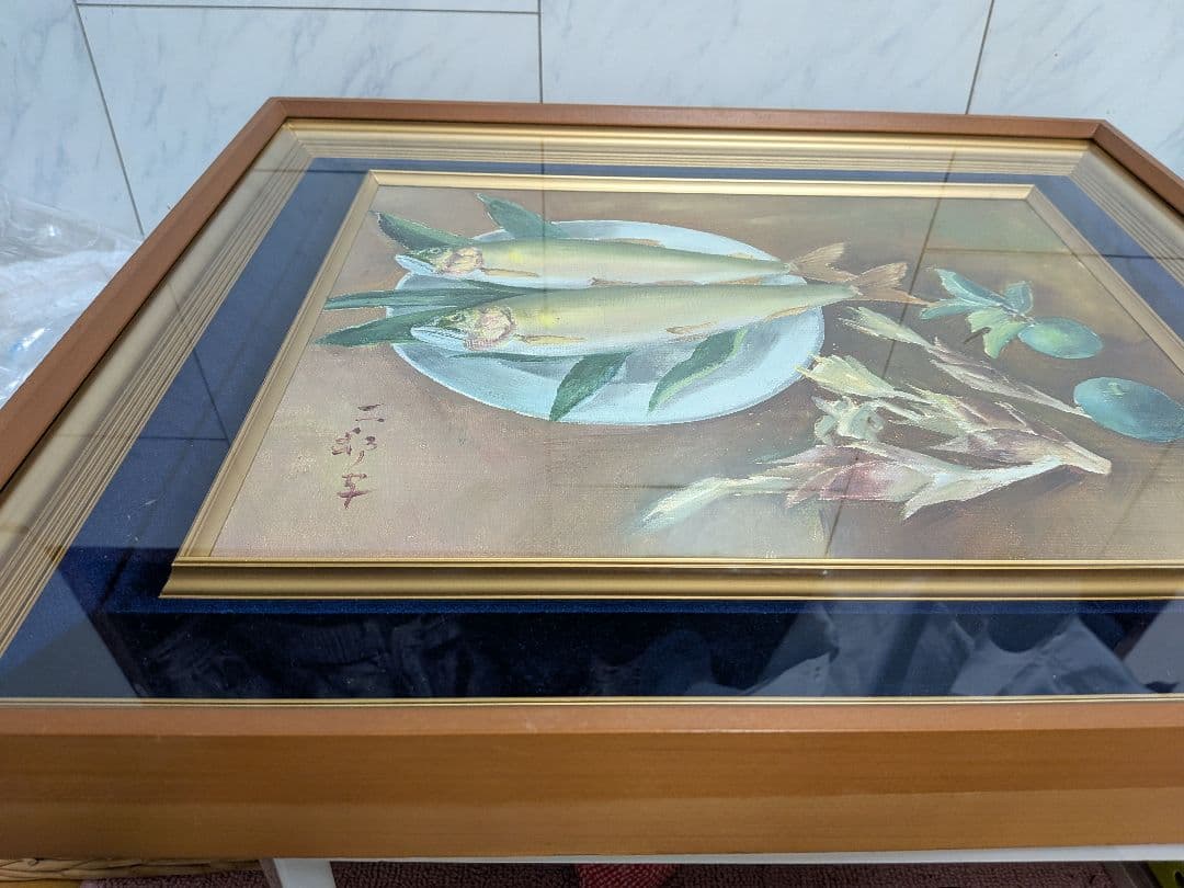油絵「鮎２匹皿上並びにスダチ」昭和時代頃額サイズ横幅５７Ｘ縦４８Ｘ厚さ５額装品