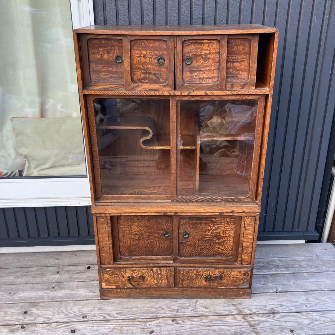 昭和レトロ 茶箪笥 飾り棚 ガラス扉 サイドボード 古家具 古民家ビンテージ