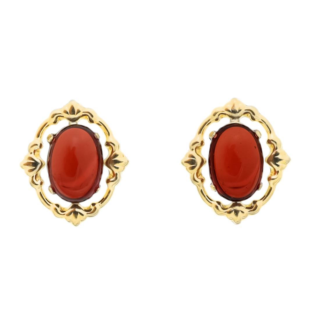 【5.0×7.0mm】カボションガーネットのクラシカルデザインピアス K18YG