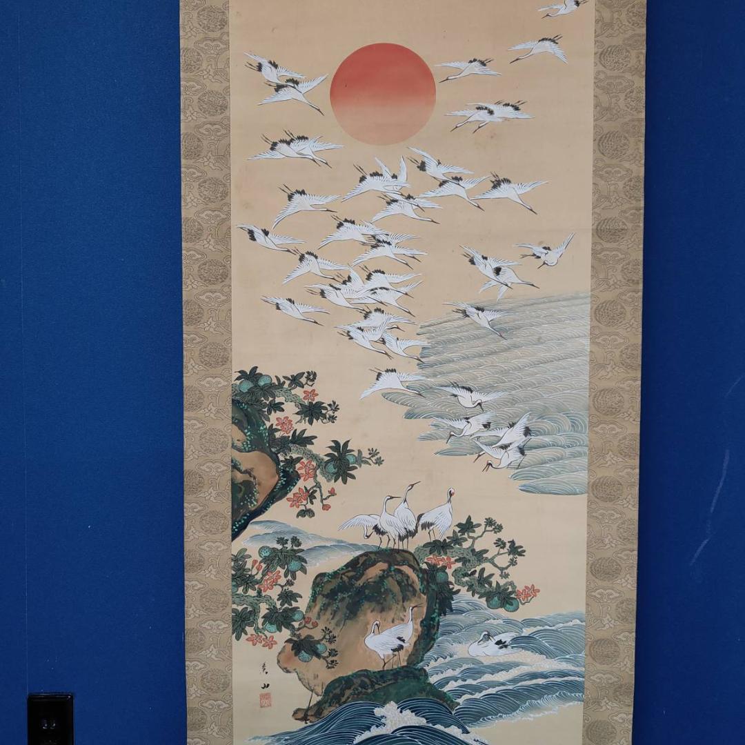 真作/渓山/千羽鶴図/花鳥/桐共箱付/布袋屋掛軸A-517