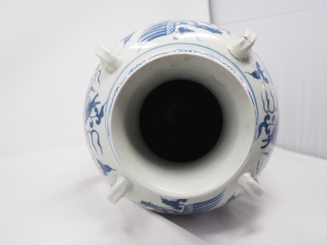 青花　染付　耳付　瓶　壺　花瓶　麒麟　鳳凰　魚　蓮　魚藻紋　中国　中華　修理跡