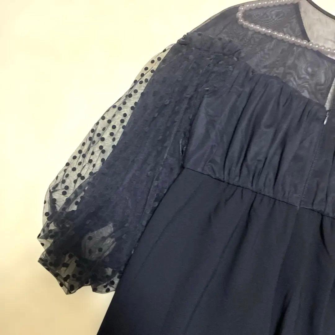 美品【ANDRESD】フロッキードットパンツドレス ネイビー L