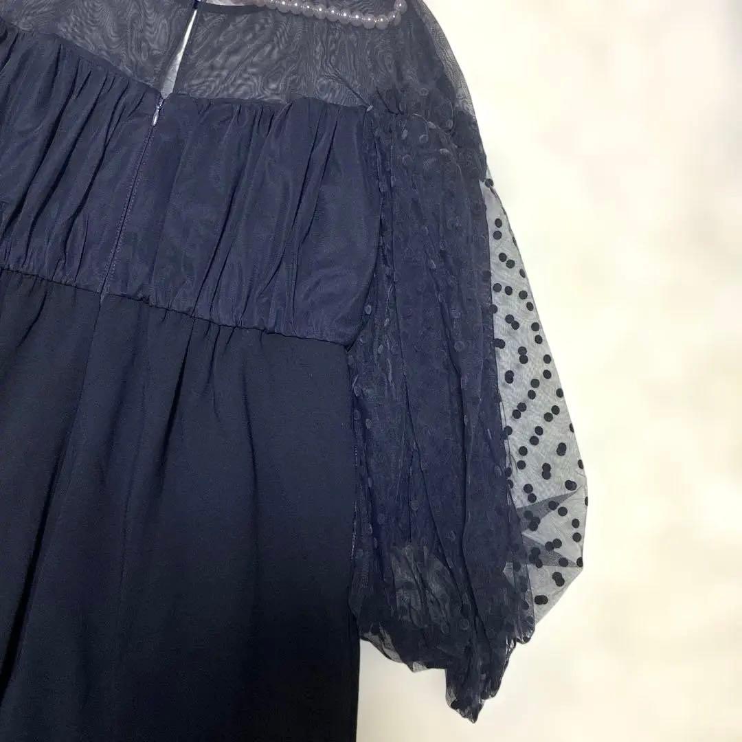 美品【ANDRESD】フロッキードットパンツドレス ネイビー L