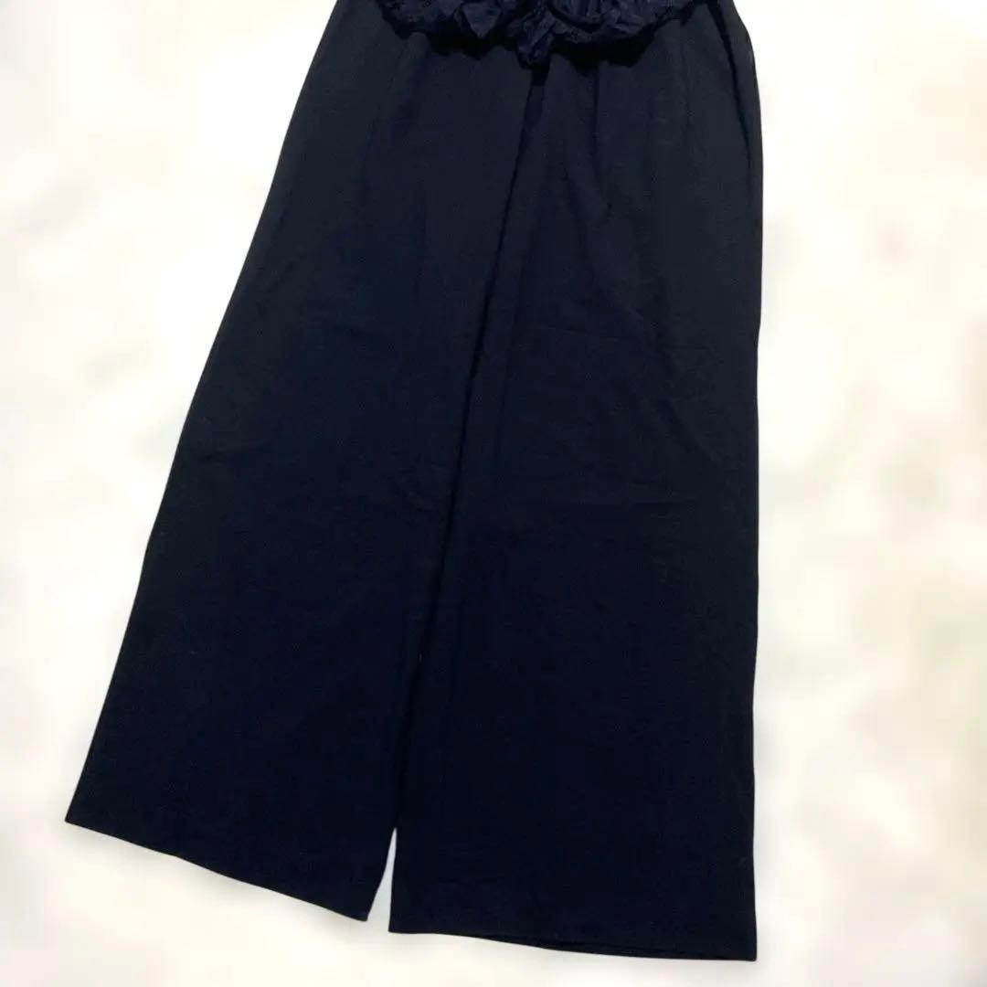 美品【ANDRESD】フロッキードットパンツドレス ネイビー L