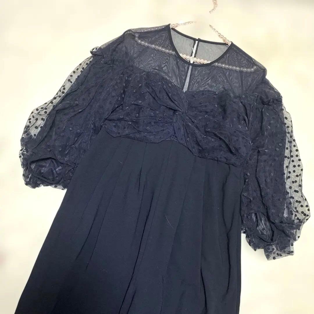 美品【ANDRESD】フロッキードットパンツドレス ネイビー L